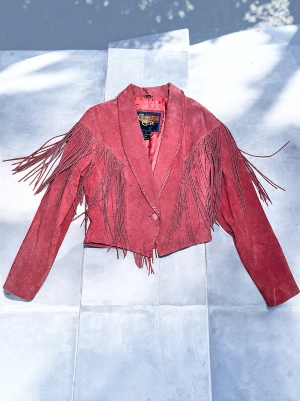 Vintage Cripple Creek Salmon Pink Suede Fringe Western Cowgirl Leather Jacket - Picture 1 of 9